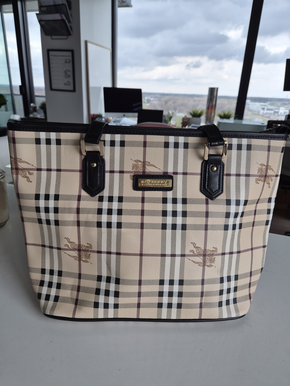 Burberry Beige Plaid Tote with Black Trim and Burgundy Accents